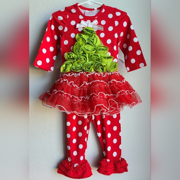 NWT- One Posh Kid- Girl's Christmas SL Red White Polka Dot Set, Sz 24 M - Picture 2 of 6